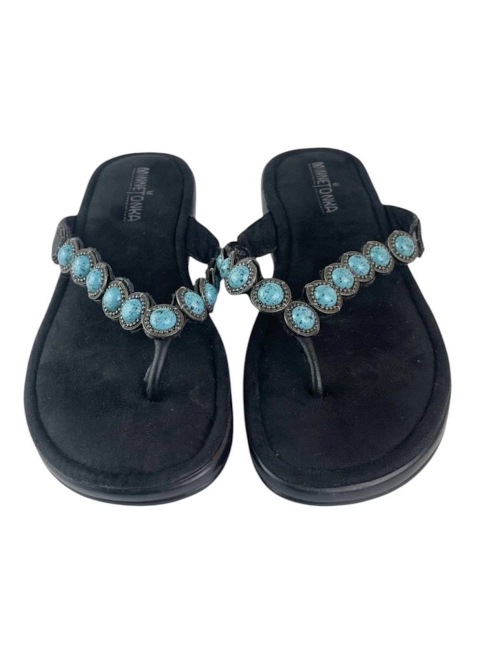 Minnetonka Black Turquoise Stone Thong Sandals Women’s Size 8 Boho Western